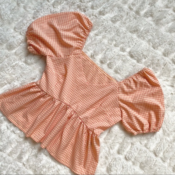 Shein Apricot Gingham Puff Sleeve Peplum Top - Picture 4 of 16